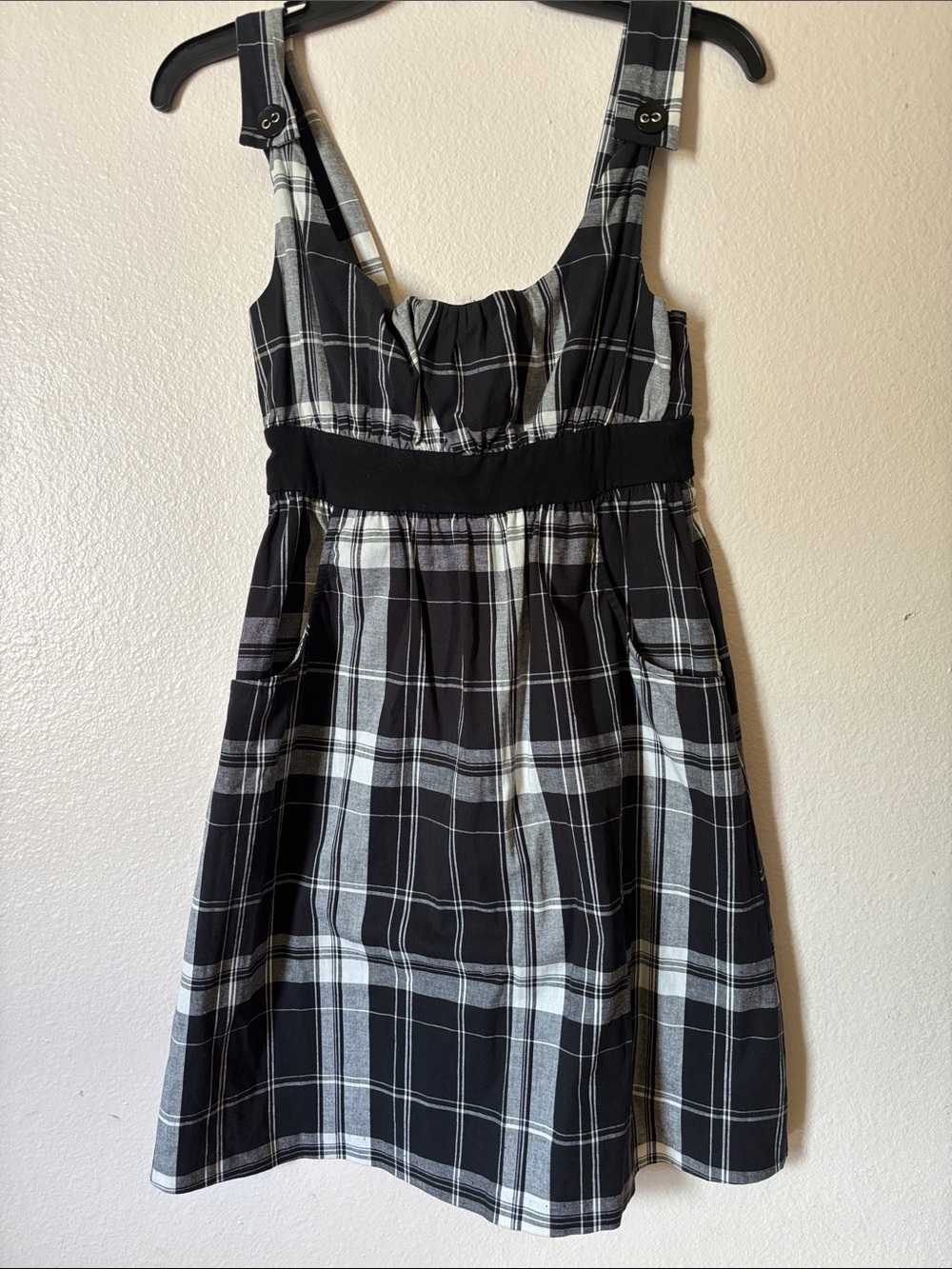 NWT Lovely Day Black & White Plaid Pinafore Dress Pockets Size S